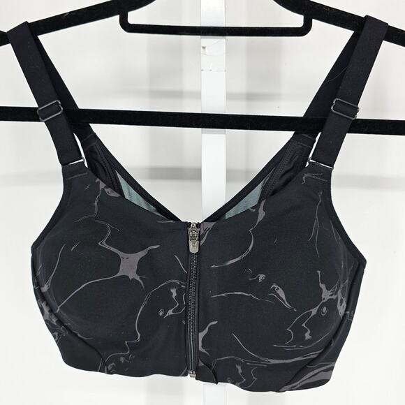 All In Motion Womens Sz 34B Front Zip Sports Bra Black Gray Marbled Print - Picture 1 of 6